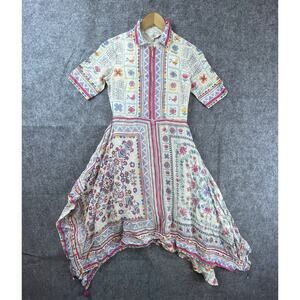 Label Ritu Kumar Dress XS Cream Pink Gond 70s Retro Boho Handkerchief Festival
